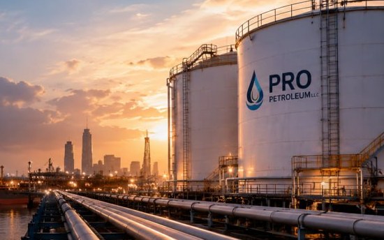 Pro Petroleum LLC bulk storage tanks and pipeline manifold at sunset